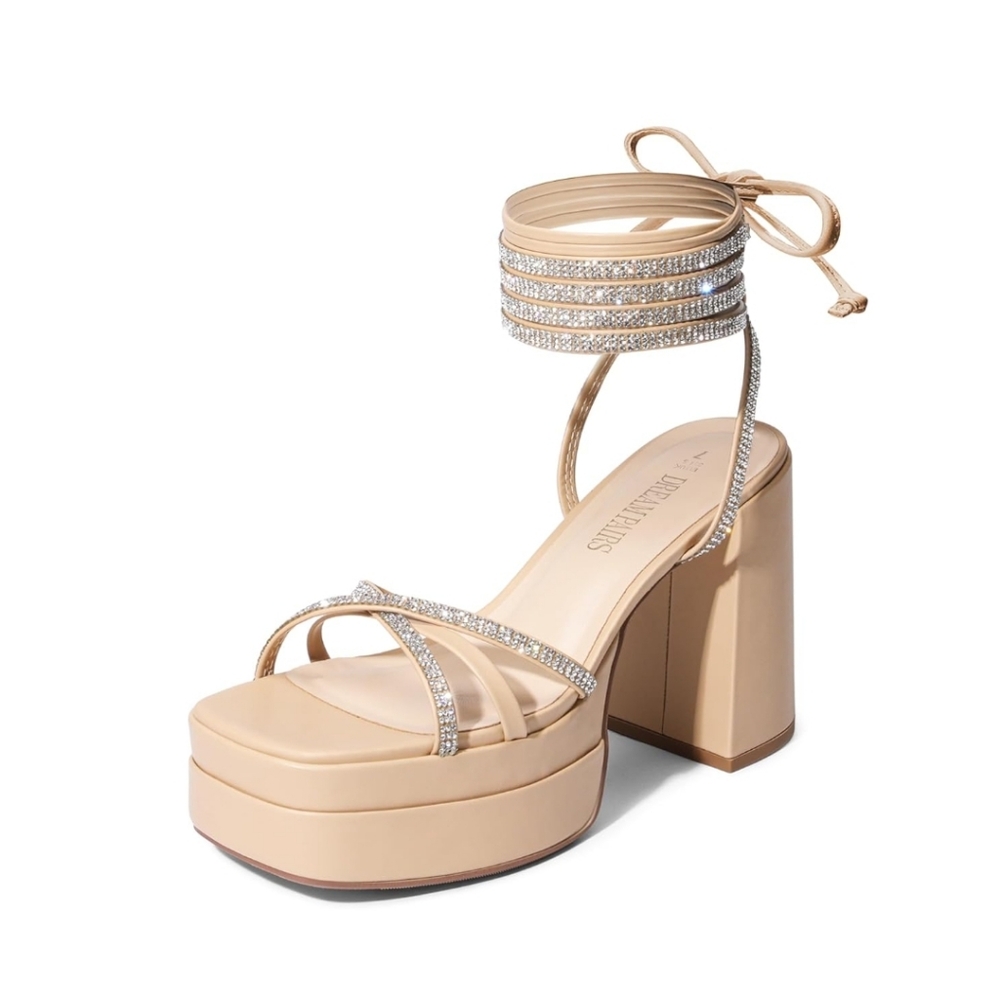 Dream Pairs Beige Rhinestone Block Heels